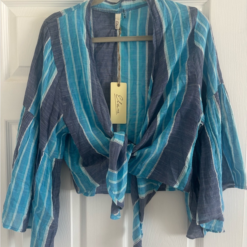 Elan Blue and Navy Plaid Cotton Top- Beach top! Perfect for holidays. O/S